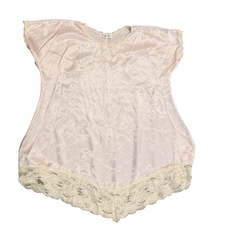Vintage Christian Dior Pink Satin Lace Trim Lingerie gown CD Monogram S M USA